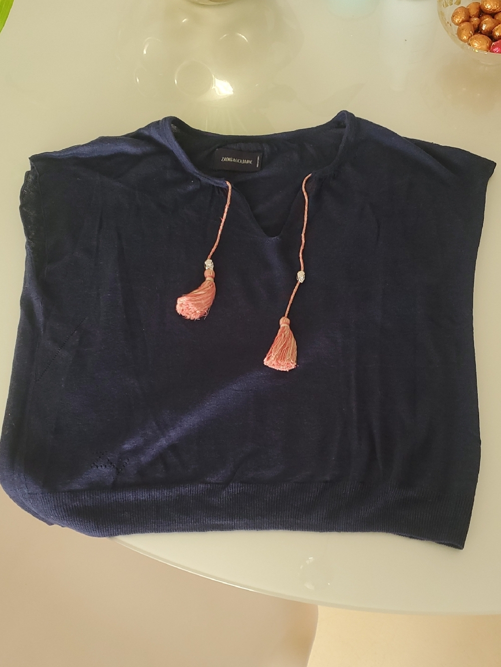 Zadig & Voltaire Navy Top with Coral Tassels